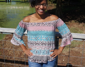 Women's Off the Shoulder Top pdf sewing pattern; summer cold shoulder pdf sewing pattern for women, boho trendy shirt pdf pattern