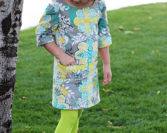 Girls Dress sewing pattern, fall girls dress pattern with sleeves, beginner easy dress  printable pattern, girls sizes 6 months - 10 years