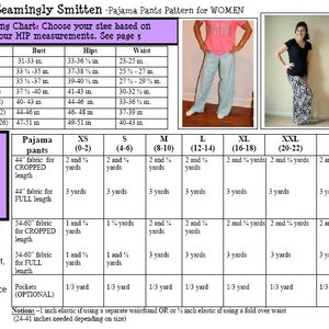 May include: A chart showing fabric requirements for making pajama pants in various sizes. The chart includes measurements for bust, hips, and waist in inches. The fabric requirements are listed in yards for both cropped and full-length pants.