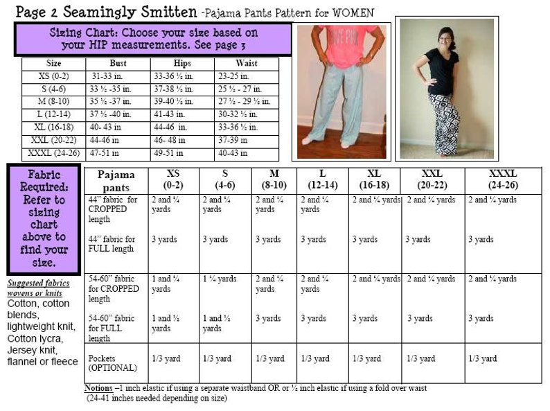 May include: A chart showing fabric requirements for making pajama pants in various sizes. The chart includes measurements for bust, hips, and waist in inches. The fabric requirements are listed in yards for both cropped and full-length pants.