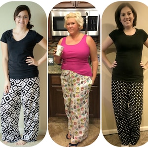 May include: Five women wearing different styles of pajama pants. The pants are all in various colors and patterns, including black and white, pink and white, green and white, and black and white polka dots.