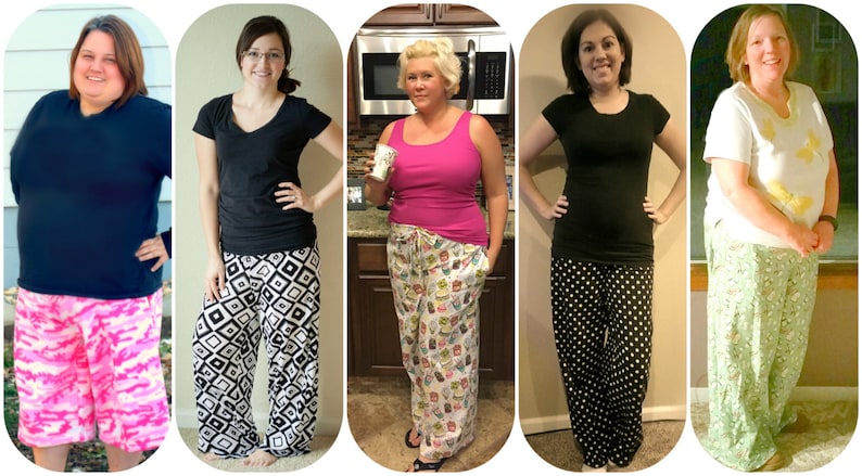 May include: Five women wearing different styles of pajama pants. The pants are all in various colors and patterns, including black and white, pink and white, green and white, and black and white polka dots.