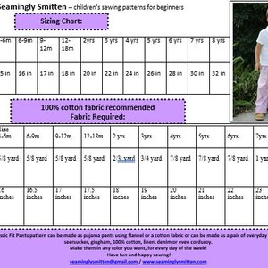 May include: A chart with instructions for sewing classic fit pants for children. The chart includes fabric requirements and sizing information for children from 3-6 months to 8 years old. The chart is printed on a white background with purple and pink accents.
