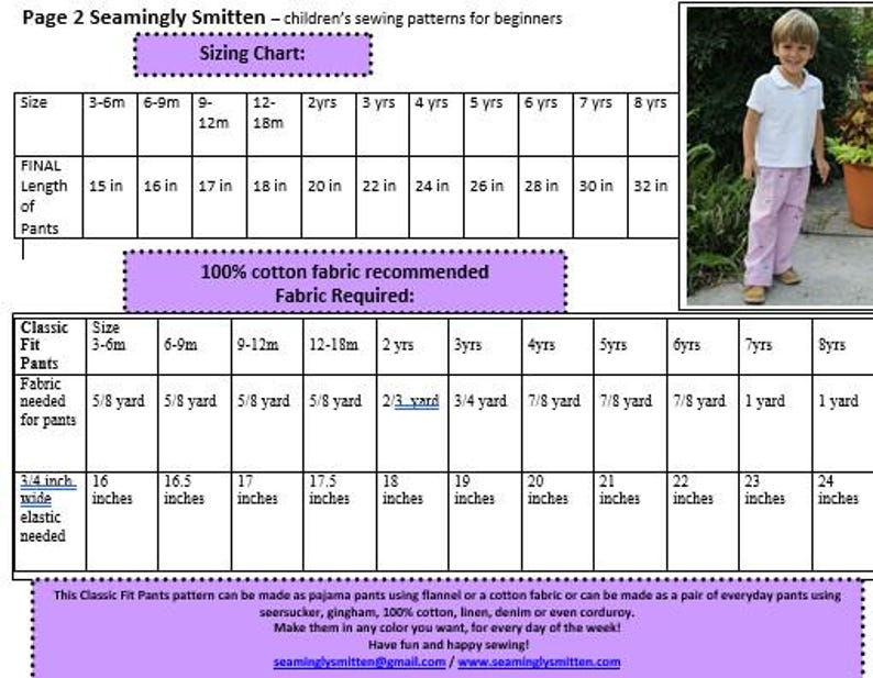 May include: A chart with instructions for sewing classic fit pants for children. The chart includes fabric requirements and sizing information for children from 3-6 months to 8 years old. The chart is printed on a white background with purple and pink accents.