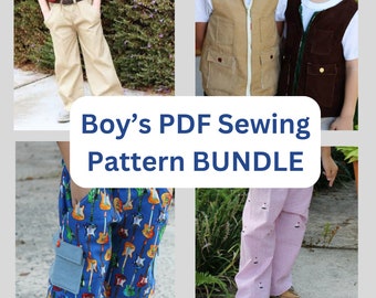 Boys Shorts and Pants Sewing Pattern Bundle includes Cargo Pants, Cargo Shorts, Classic Fit Pants and Boys Cargo Vest PDF sewing patterns