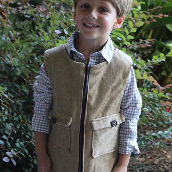 Boy's Vest sewing pattern with zipper, cargo pocket vest pattern with button and zip, easy vest sewing pattern for boys