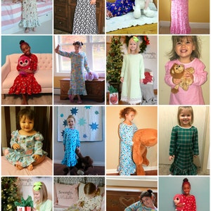 Op de afbeelding: Een collage van 16 afbeeldingen met meisjes die verschillende kleurrijke en gepatroneerde nachtjassen dragen. Sommige meisjes houden knuffels vast, terwijl anderen in verschillende omgevingen poseren.