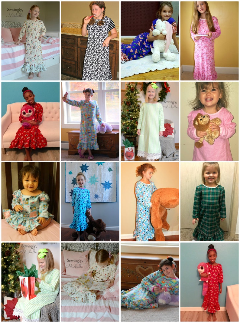 Op de afbeelding: Een collage van 16 afbeeldingen met meisjes die verschillende kleurrijke en gepatroneerde nachtjassen dragen. Sommige meisjes houden knuffels vast, terwijl anderen in verschillende omgevingen poseren.
