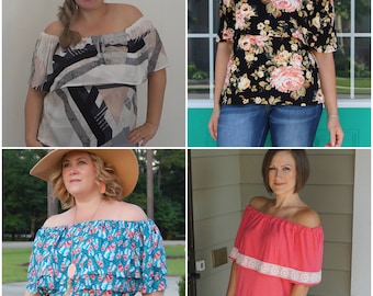 Women's Off the Shoulder Top sewing pattern, Beginner sewing pattern women, ruffle top summer shirt pattern for women, Seamingly Smitten