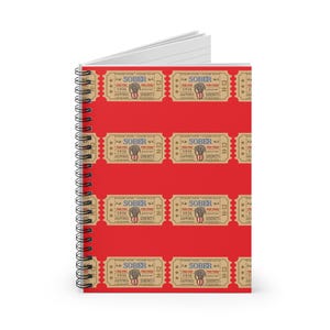 Puede incluir: Un cuaderno con espiral y cubierta roja con un patrón repetido de boletos de estilo vintage. Cada boleto dice "SOBER" con una ilustración de un elefante y las palabras "1935 Happiness Serenity".
