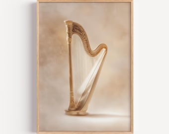 David's Harp Wall Art, Psalm 33:2 Scripture Art, Christian Neutral Decor, King David Harp Painting, Minimal Beige Fine Art Print