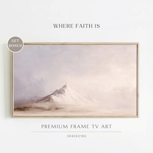 Arte de TV con marco: Arte mural minimalista con una cruz cristiana en una montaña, arte de pico de montaña, arte mural moderno neutro con las Escrituras, arte bíblico minimalista