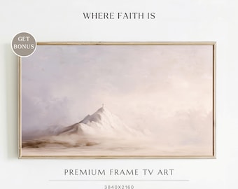 Frame TV Art - Minimal Christian Cross on a Mountain Wall Art, Mountain Peak Art, Neutral Modern Scripture Wall Art, Minimalist Bible Art
