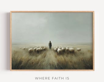 The Good Shepherd – Modern Jesus with Sheep in Meadow, Painterly Christian Wall Art, Psalm 23 Modern Art Print, Digital Download,