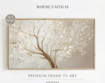 Frame TV Art - I Am the Vine Wall Art, Elegant John 15:5 Oil Painting, Neutral Minimal Soft Christian TV Decor, Tree of Life Artwork