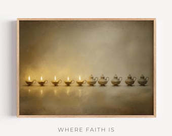 The Ten Virgins - Stay Ready, Minimal Modern Christian Wall Art, Symbolic Bible Art, 10 Lamps 5 Wise 5 Foolish, Digital Download,