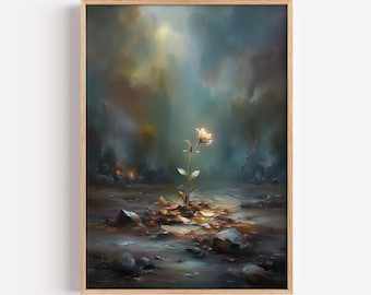 Beauty for Ashes – Isaiah 61:3, Light Rising From Ruins, Christian Oil Painting Wall Art, Digital Download, Modern Hope Worship Decor,