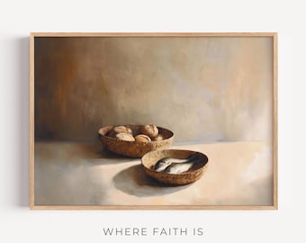 Five Loaves and Two Fish, Digital Download, Modern Bible Art, Symbolic Christian Art, Bible Story Wall Art, Faith Oil Painting Print