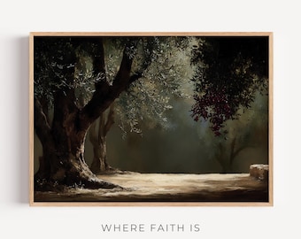 In The Garden Of Gethsemane - Christian Wall Art, Peaceful Home Decor, Digital Download, Holy Land Olive Trees Print, Modern Christian Art