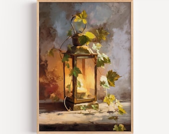 Abide in Me Lantern Art - I Am the Vine John 15, Vine and Light Christian Wall Art, Oil Painting Still Life, Digital Download, Modern Art