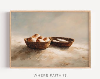 Five Loaves and Two Fish -  Modern Bible Art, Symbolic Christian Art, Jesus Feeds 5000, Faith Oil Painting Print, Digital Download,