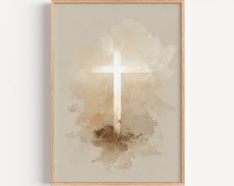 Gloeiend kruis Wall Art Print, christelijk neutraal decor, minimalistisch geloofskunstwerk, stralend kruis schilderij, afdrukbare christelijke kunst, Jezus kunst
