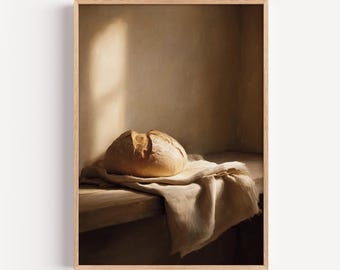 Give Us This Day Our Daily Bread – Christian Still Life Painting, Modern Rustic Bread Art, Peaceful Faith Home Decor, Digital download,