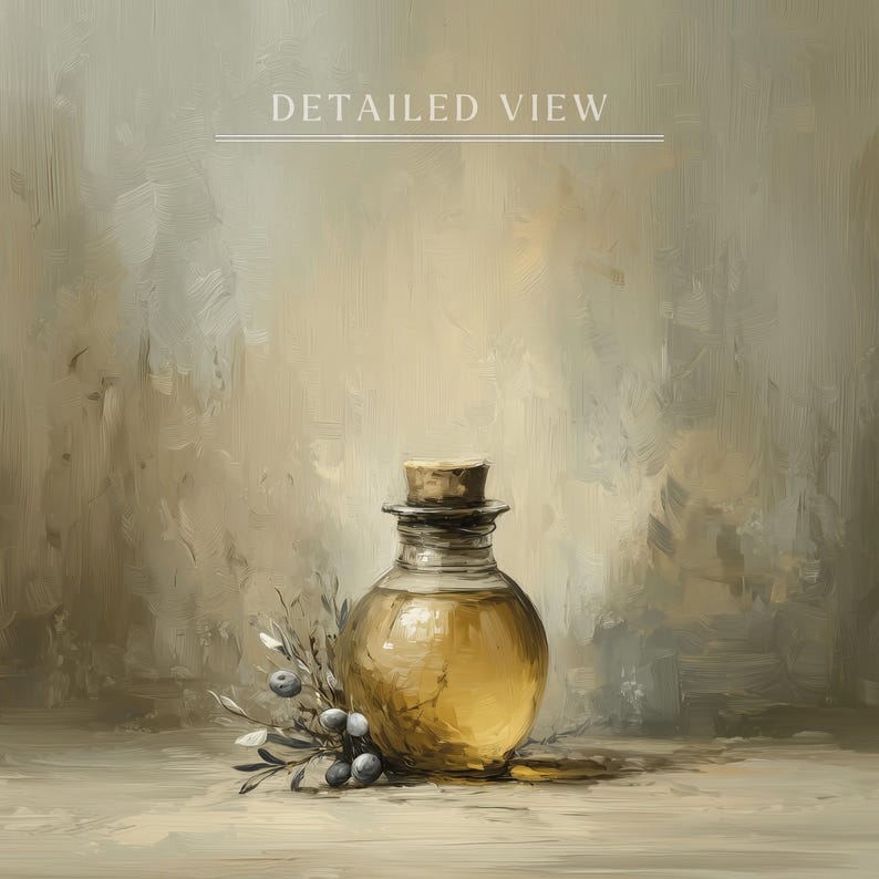 May include: A clear glass bottle with a cork stopper, filled with golden liquid, sits on a light-colored surface. Olive branches with dark olives are placed near the bottle. The words "DETAILED VIEW" are at the top.