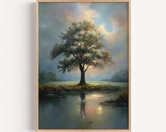 Tree Planted by Water — Psalm 1 Christian Wall Art, Peaceful Oil Painting Print, Digital Download, Modern Bible Art, He shall be like a tree