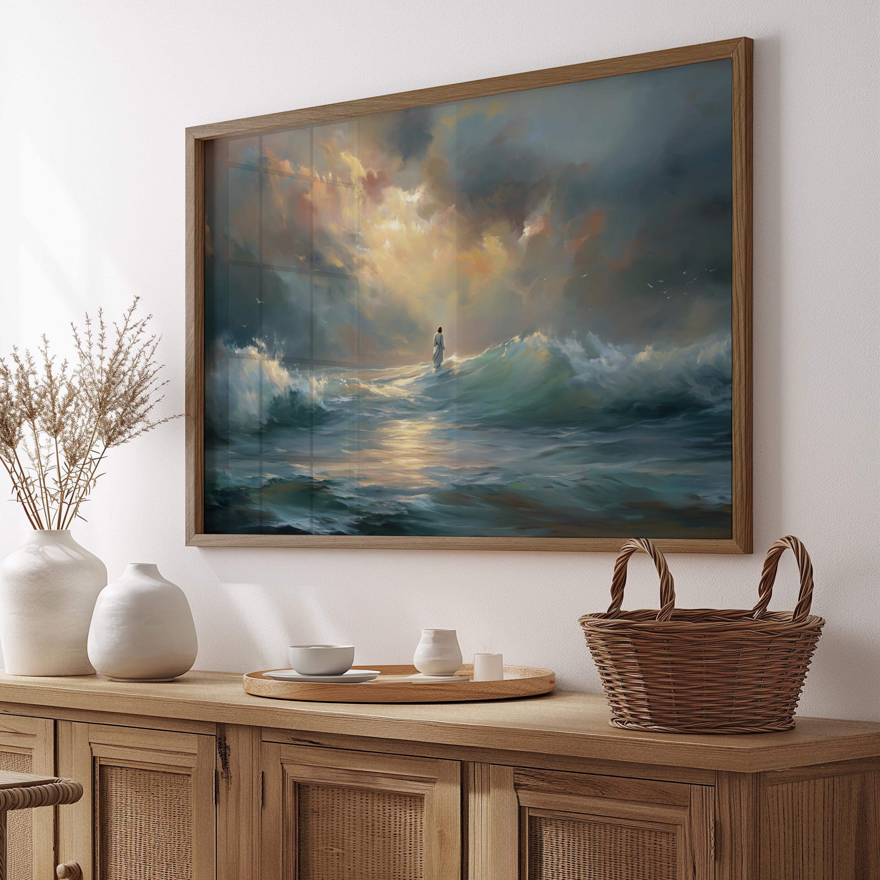 Jesus Walking on Water Christian Wall Art, Modern Faith Oil Painting ...