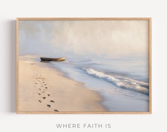Follow Me, And I Will Make You Fishers Of Men. – Modern Christian Art Print | Boat and Footprints | Matthew 4:18–22 Scripture Wall Art,