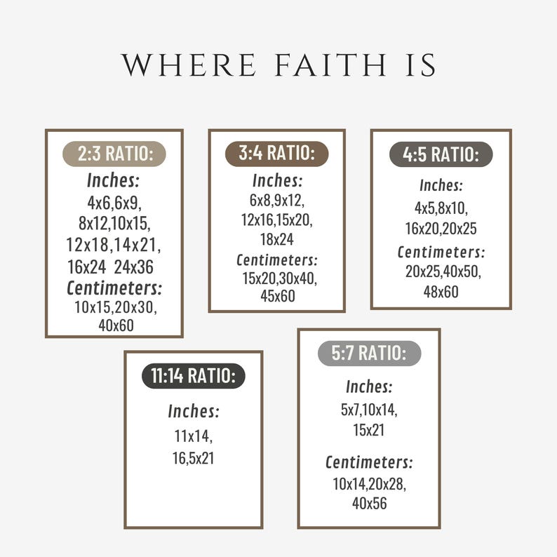 May include: A print size guide with the text "WHERE FAITH IS" at the top. The guide shows various aspect ratios, including 2:3, 3:4, 4:5, 11:14, and 5:7, with corresponding inch and centimeter measurements for print sizes.