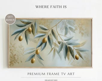 Frame TV Art - Olive Branches of Peace - Christian Botanical TV Art, Modern Oil Painting, Gold Olive Leaves, Neutral Minimalist Art