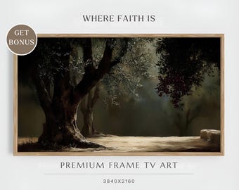 Frame TV Art - In The Garden Of Gethsemane - Christian Wall Art, Peaceful Home Decor, Holy Land Olive Trees Print, Modern Christian Art