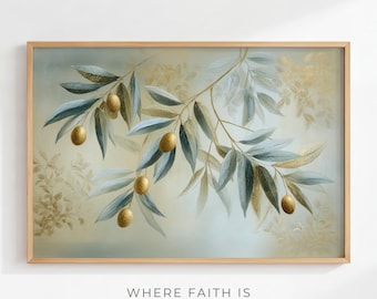 Olive Branches of Peace - Christian Botanical Wall Art, Modern Oil Painting, Gold Olive Leaves, Neutral Minimalist Art, Digital Download