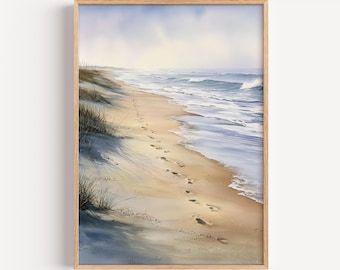 Footprints In The Sand -  Christian Wall Art, Walking by Faith Painting, Minimal Faith Art, Trust in God Coastal Artwork, Digital Download
