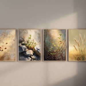 Puede incluir: Cuatro impresiones artísticas enmarcadas de paisajes. La obra de arte presenta escenas de la naturaleza, incluyendo plantas, rocas y una puesta de sol. Los marcos son de color madera clara y el arte tiene un estilo suave y pictórico.