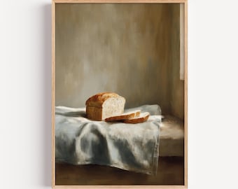 Give Us This Day Our Daily Bread – Christian Still Life Painting, Modern Rustic Bread Art, Peaceful Faith Home Decor, Digital download,