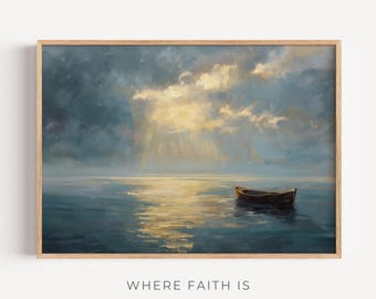 Jesus Calms the Storm - Modern Christian Wall Art, Peaceful Faith Oil Painting, Digital Download, Symbolic Be Still and Know (Psalm 46:10)