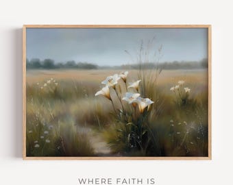 Consider the Lilies of the Field — Luke 12:27 Modern Christian Wall Art, Peaceful Lily Oil Painting, Modern Bible Art, Digital Download,