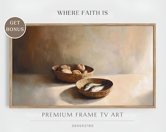 Frame TV Art - Five Loaves and Two Fish -  Modern Bible Art, Symbolic Christian Art, Jesus Feeds 5000, Faith Oil Painting Print,