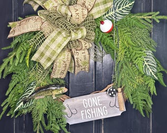 Fishing Wreath Bass Fish Bobber Reel \"Gone Fishing\" Sign