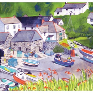 May include: A watercolour painting depicting a quaint village with houses and boats in a harbour. The houses are white with grey roofs and the boats are a variety of colours. The painting is done in a whimsical style with bright colours and loose brushstrokes.