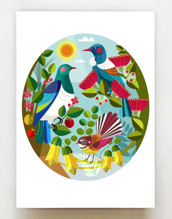 Tui, Kereru and Piwakawaka, New Zealand, print, NZA208