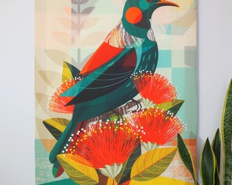 Fabric wall hanging, Tui in Pohutukawa, W13