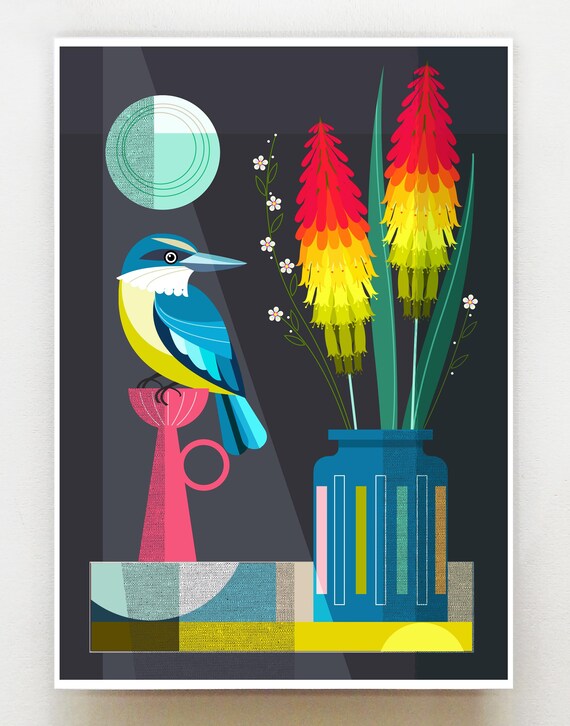 New Zealand Kotare with Red Hot Pokers in a blue vase, print, NZA205