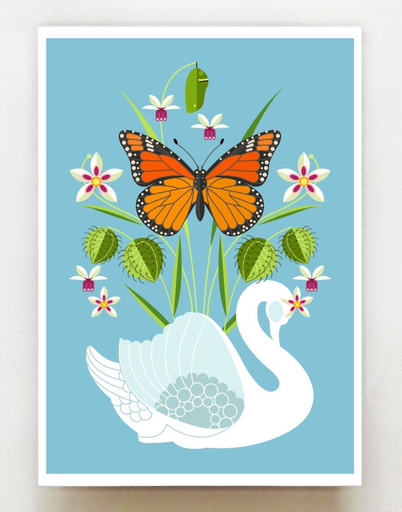 Monarch butterfly, swan plant, Crown Lynn vase, print, NZA186