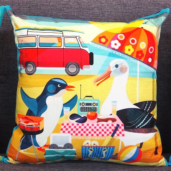 New Zealand, Kiwiana, little blue Penguin and Albatross at the beach, cushion cover, C3