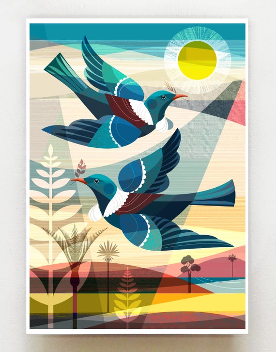 Spring gathering, New Zealand, Tui, print, NZA223