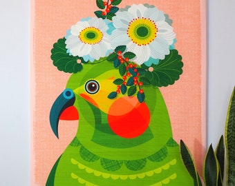 Fabric wall hanging, Kea with daisy crown, W5